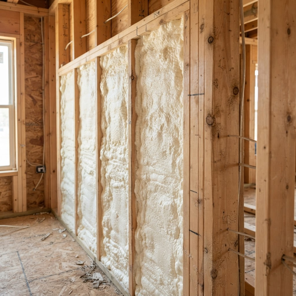 Closed-cell spray foam filling wall stud cavities
